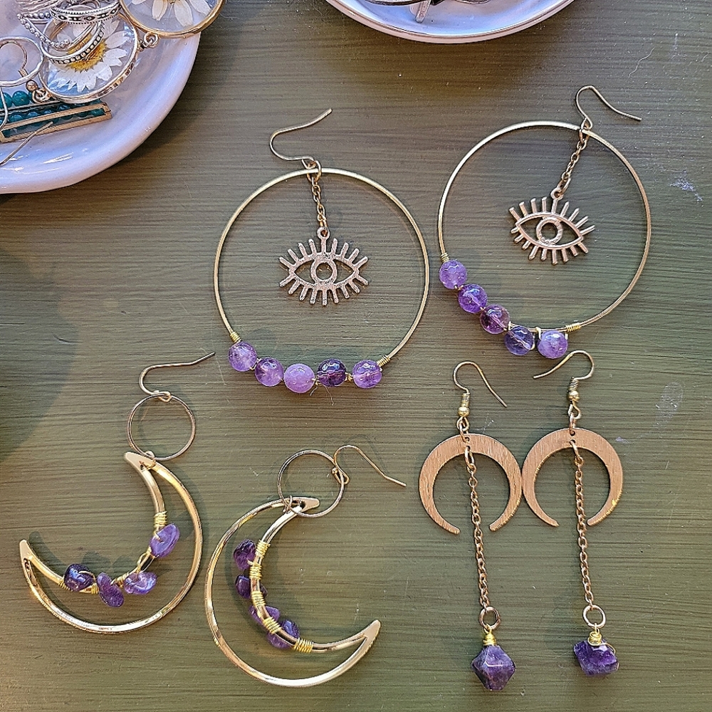 Gold (faux) and amethyst moon evil eye crescent earring lot